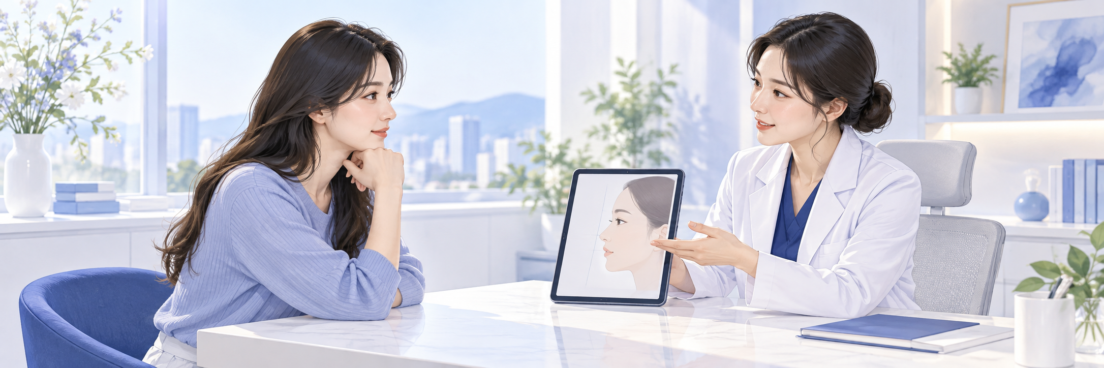 성형수술 상담에서 궁금한 점을 의료진에게 이야기하는 안내 일러스트
